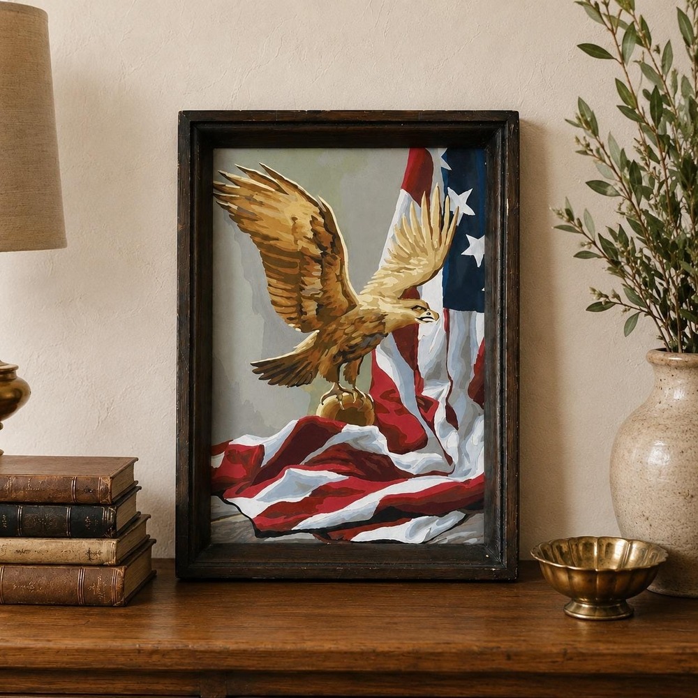 Vintage 1970s Paint by Number Eagle Flag Painting - Framed Americana Folk Art